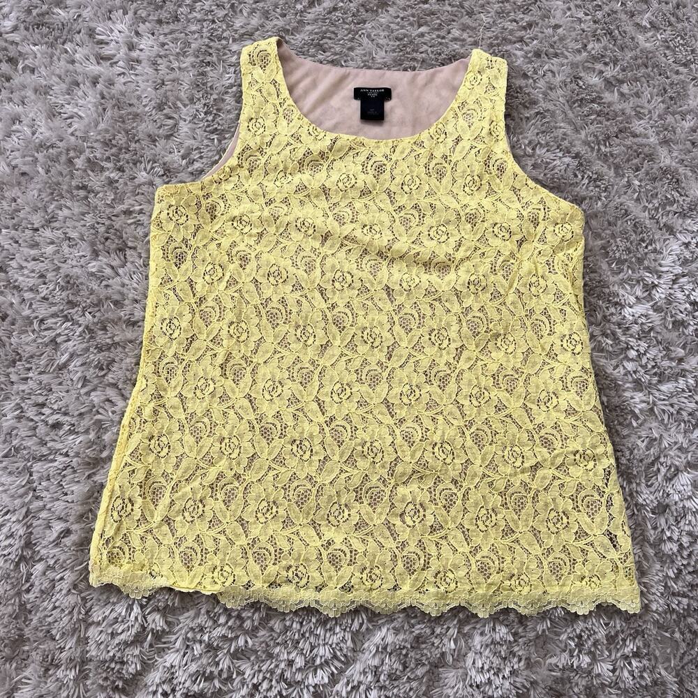 Ann Taylor Tank Top Petite MEDIUM Lace Sleeveless Lined Shirt Yellow Scoop Neck